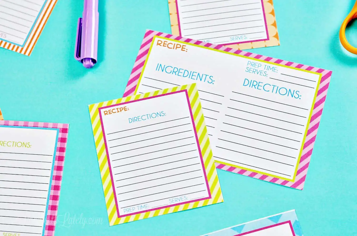 striped recipe cards on a blue background.