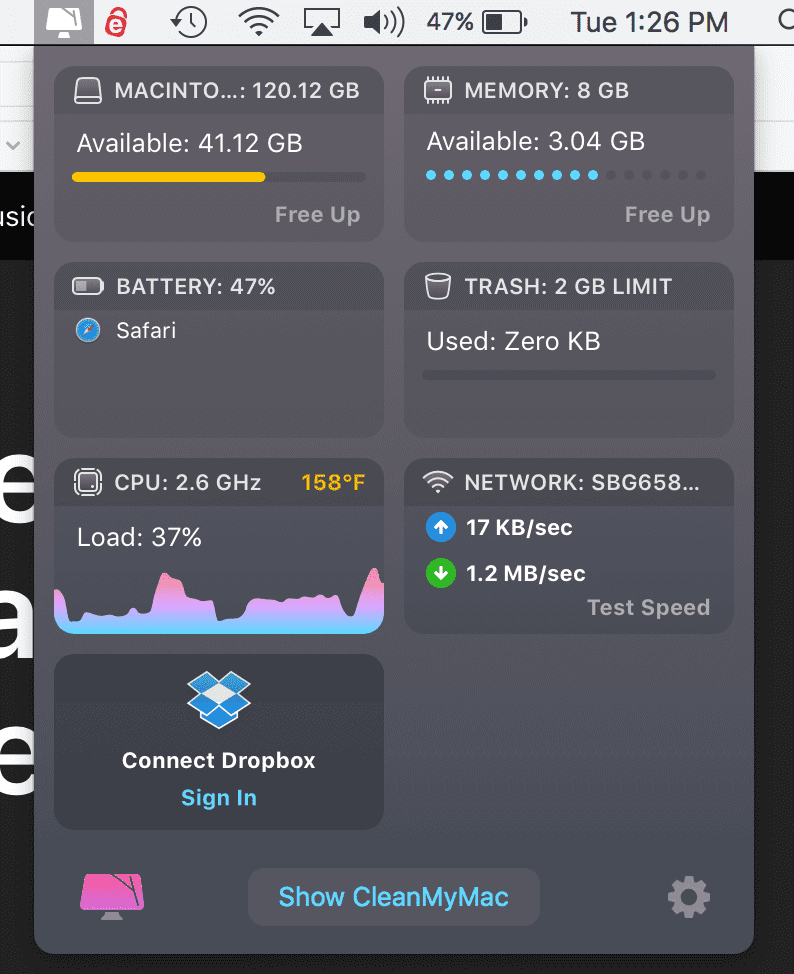 screenshot of cleanmymac window on a mac.