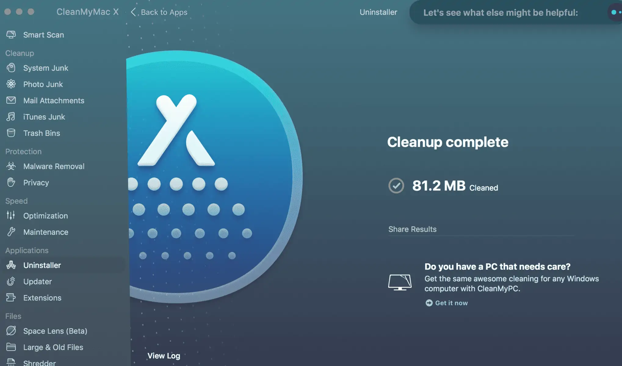 app cleanup complete screen in cleanmymac.