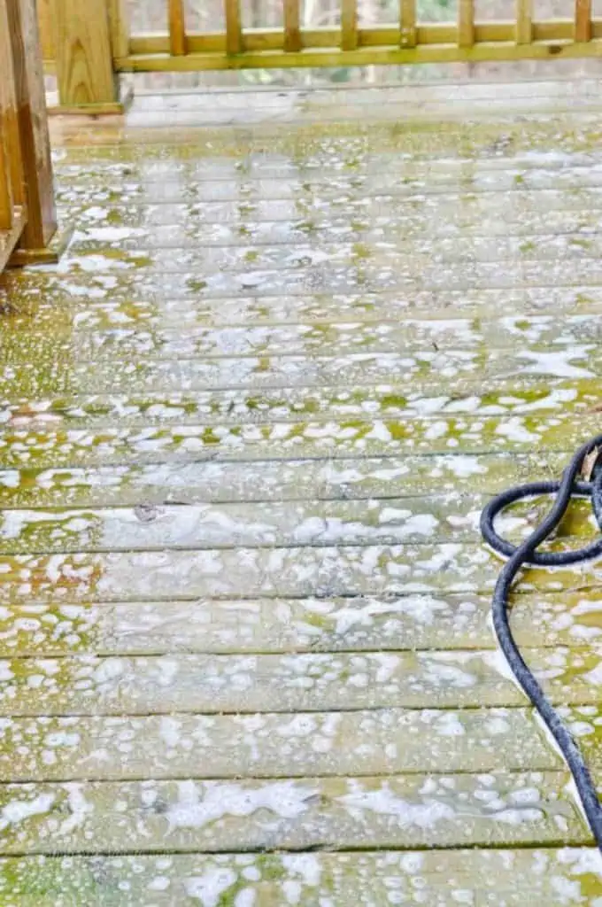 wood deck sprayed with wet and forget.