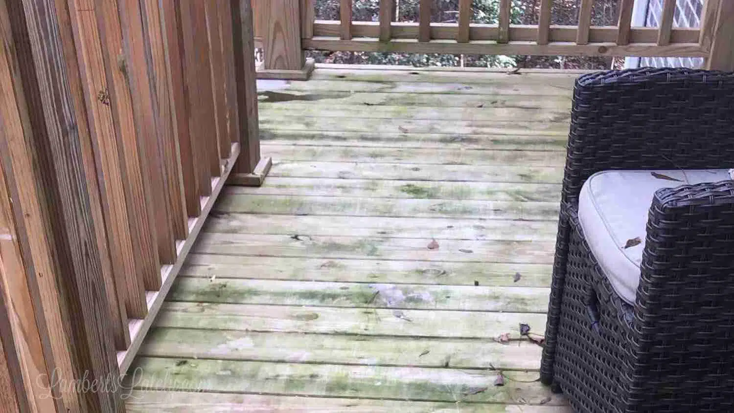 green stains on a wood deck.