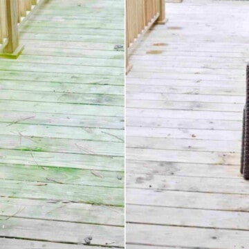 before and after of green stains on a wood deck.