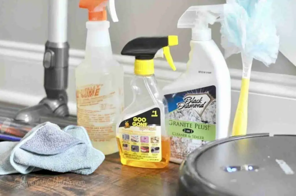 collection of household cleaning supplies on a wood floor.
