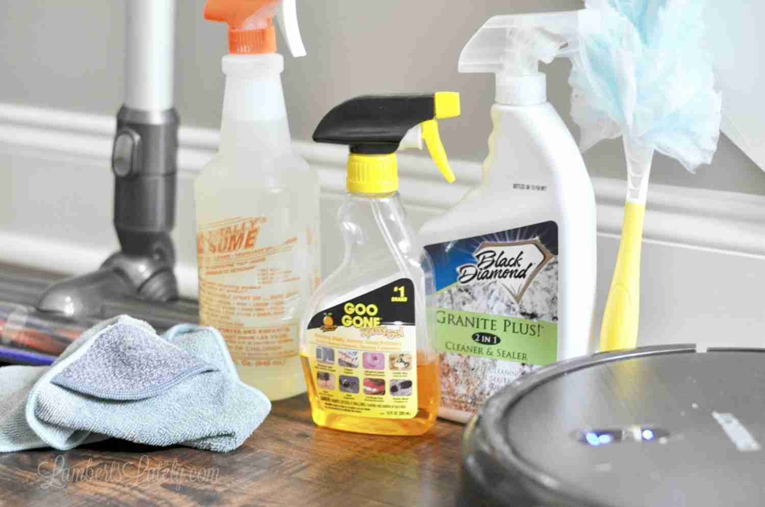 collection of household cleaning supplies on a wood floor.