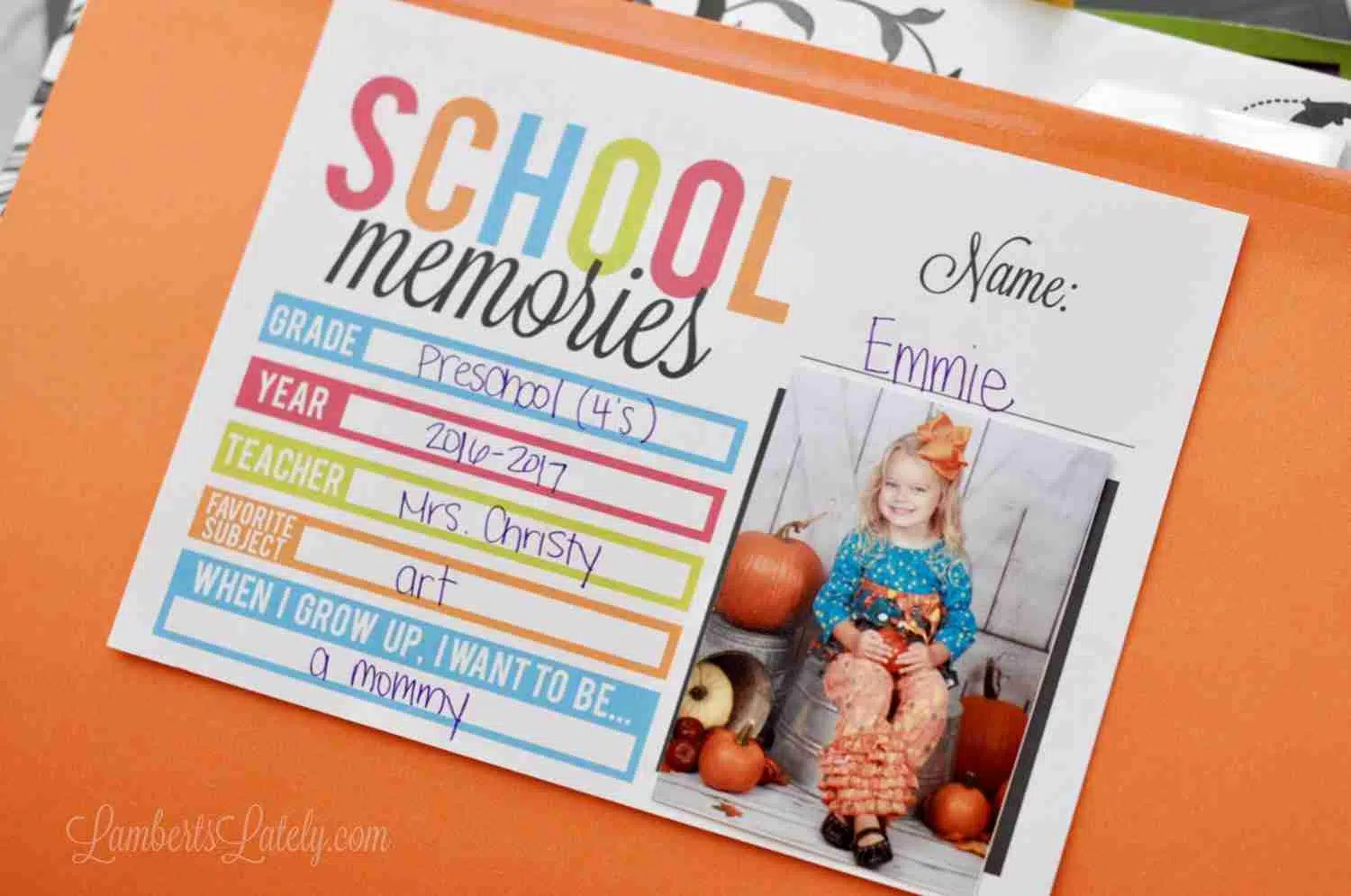 school memories printable on an orange folder.