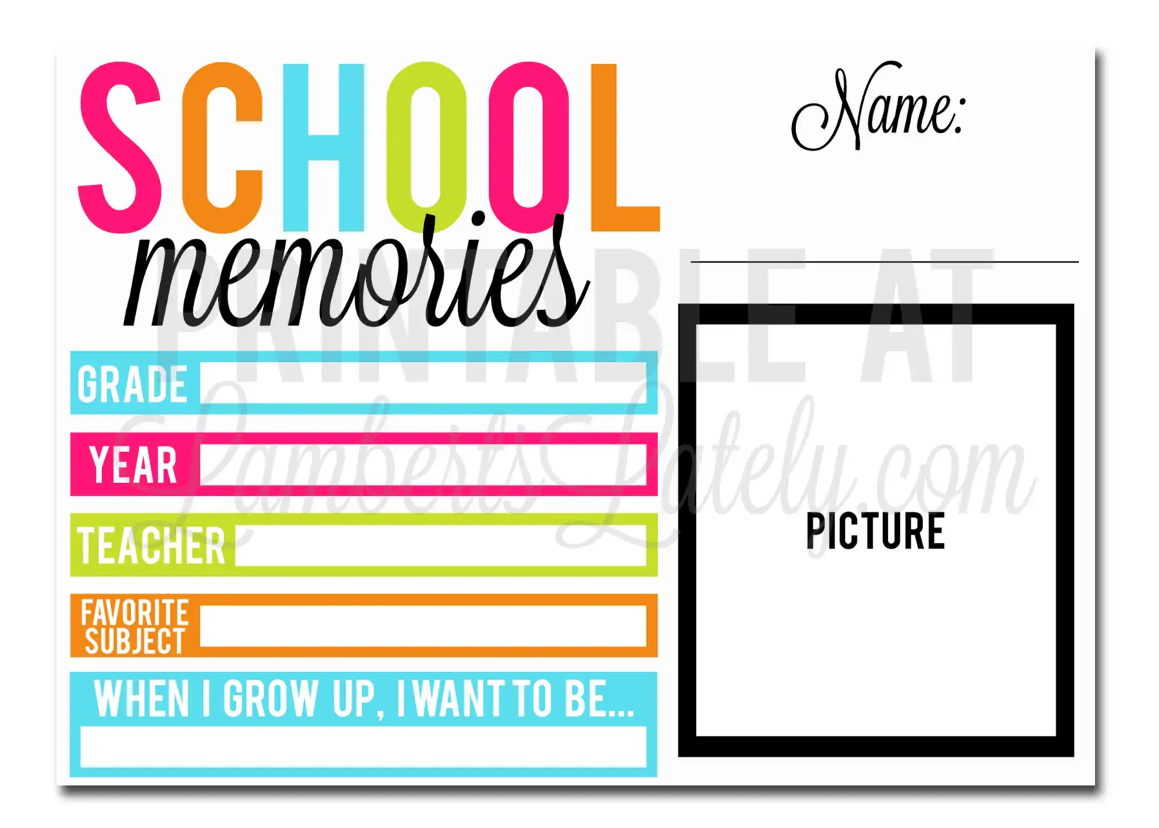 school memories printable with blanks to answer questions and a spot for pictures.