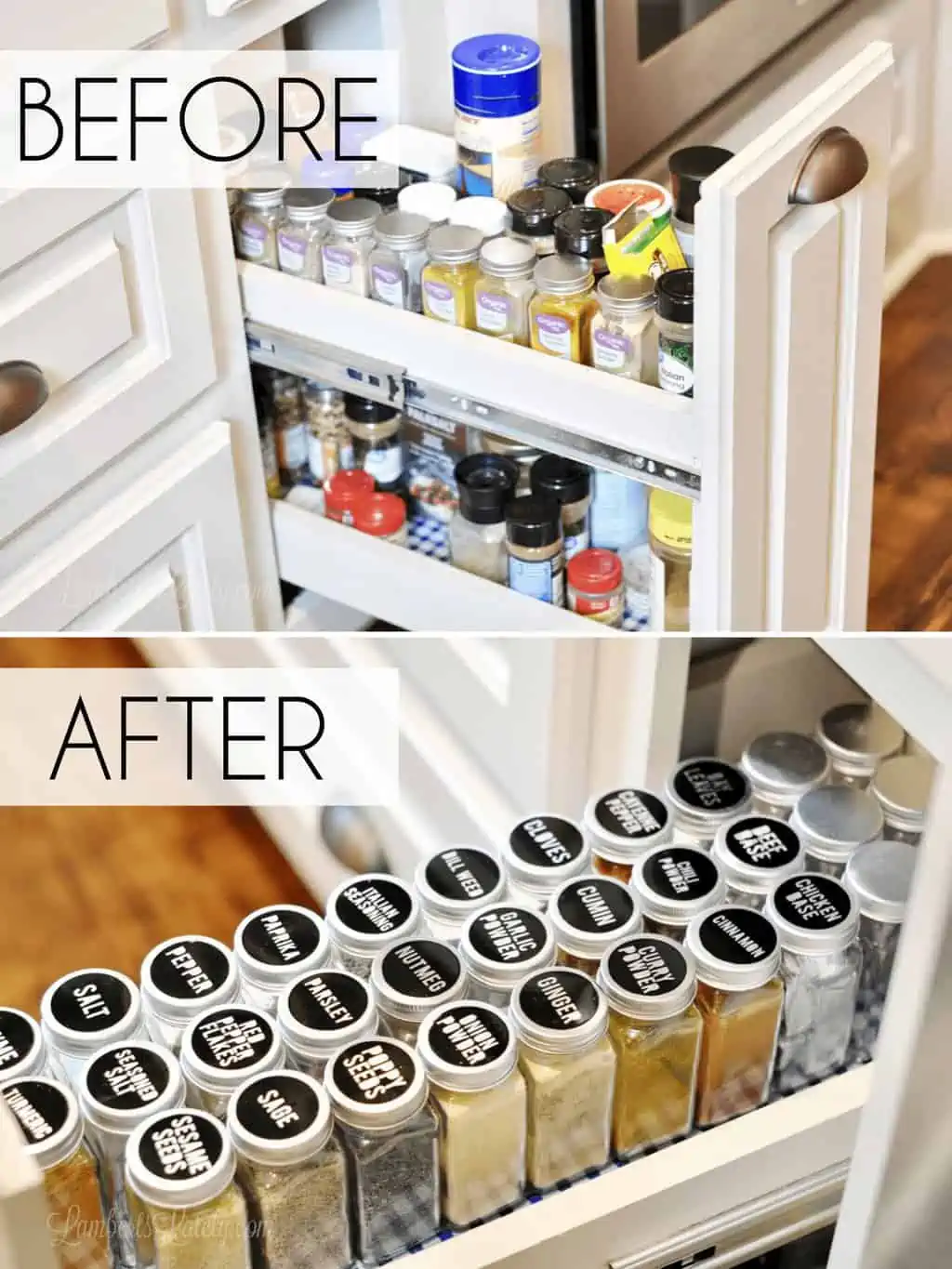 before and after of an organized spice cabinet.