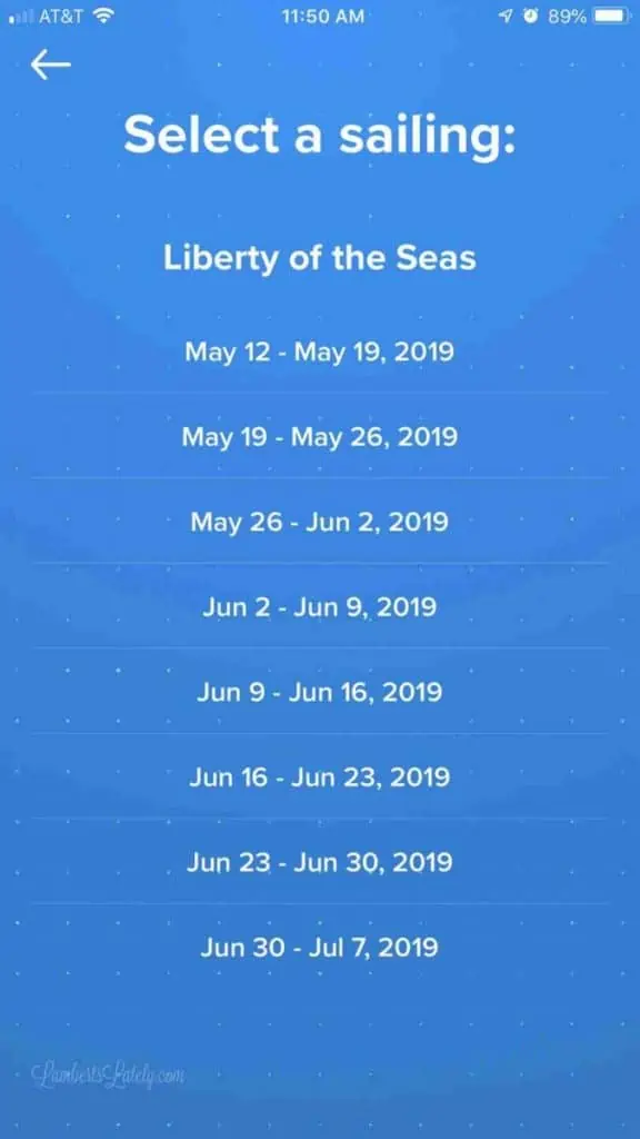 screenshot of royal caribbean app.