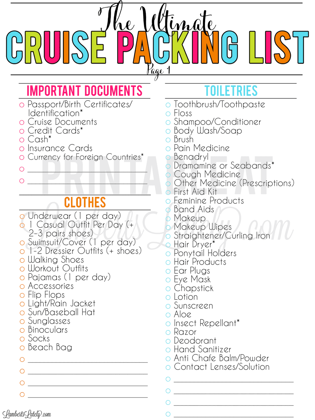 Grab a free printable cruise packing list, complete with tips for packing for a Carnival/Royal Caribbean cruise, things to pack for kids, Dollar Store hacks, and more!