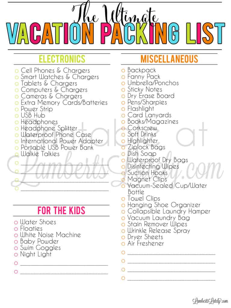 family vacation packing list printable