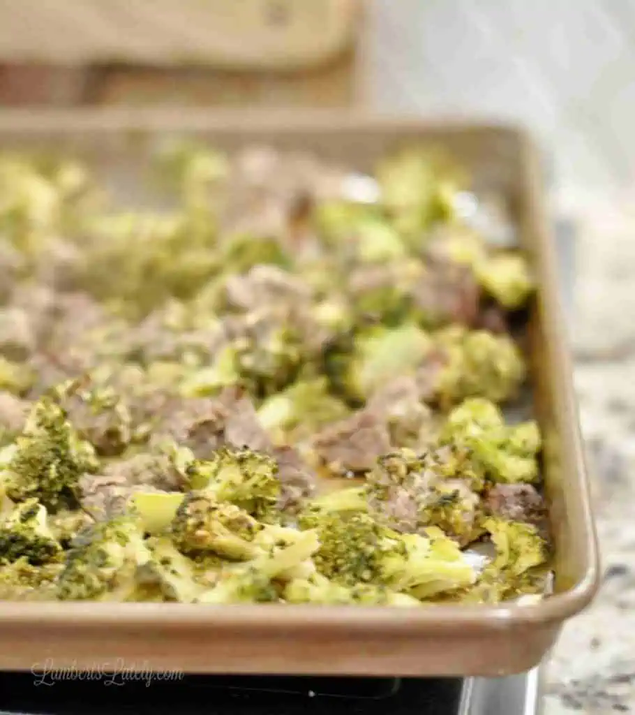 sheet pan beef and broccoli on a stovetop.