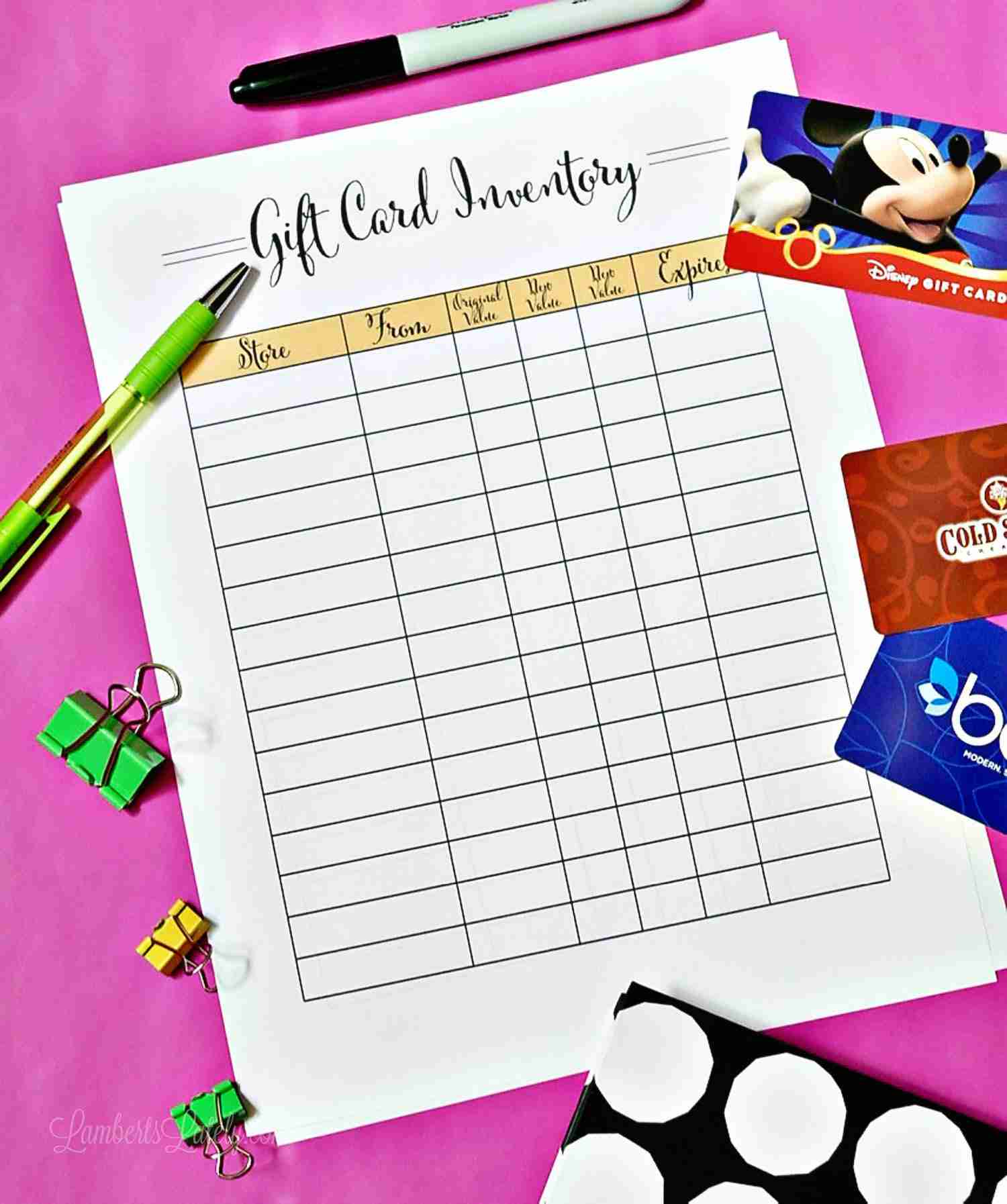gift card inventory printable on a pink background, with gift cards and pens.