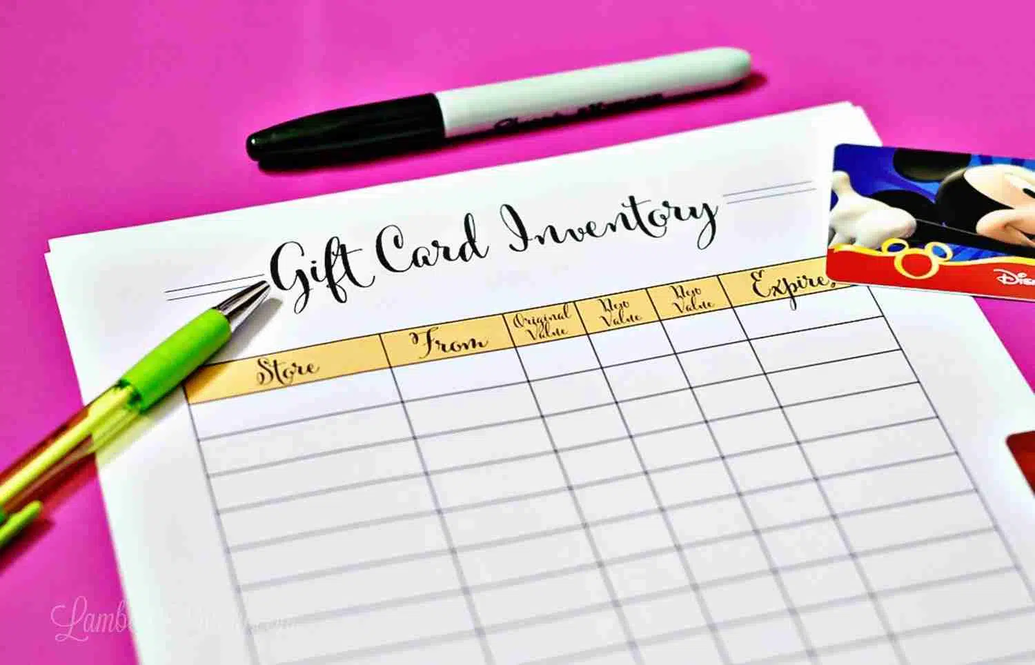 gift card inventory printable on a pink background.