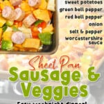 sheet pan sausage and veggies, with ingredient list.