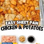 Sheet pan barbecue chicken and sweet potatoes with ingredients ready to cook.