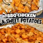 Sheet pan BBQ chicken and sweet potatoes for easy dinner from Lamberts Lately.