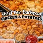 Sheet pan barbecue chicken with sweet potatoes and assorted toppings.