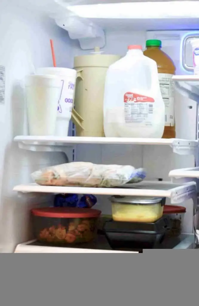 refrigerator shelf holding drinks