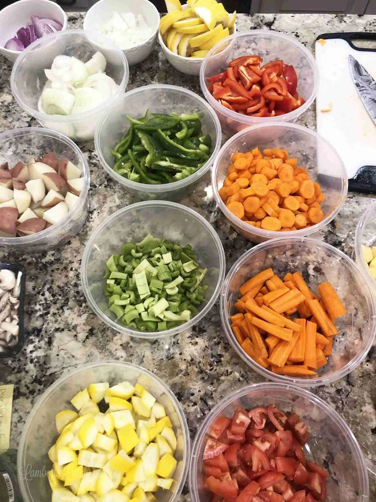 colorful vegetables in containers on a kitchen counter.