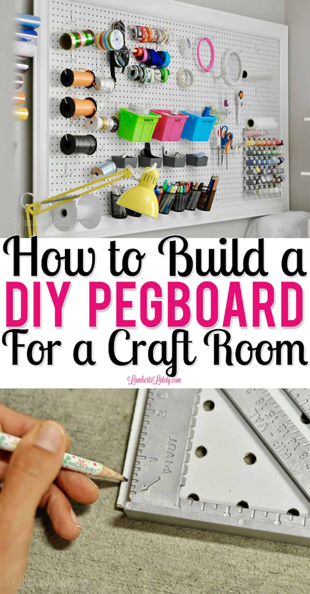 This tutorial for building a DIY pegboard for a craft room shows building, installation, and organization of a pegboard. See step by step instructions from how to build, how to hang, and how to make into a gorgeous decor piece!