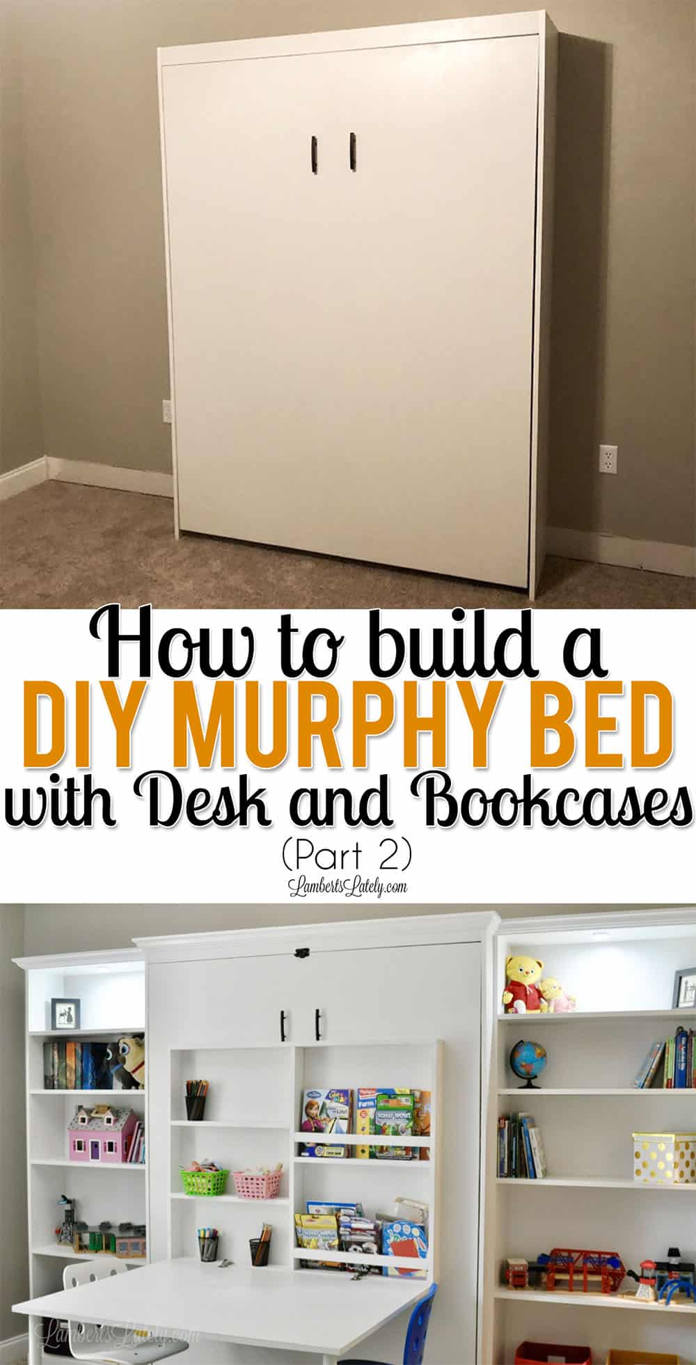This DIY murphy bed with desk and bookcase combo is all made from inexpensive pieces! Includes Ikea Billy Bookcases and full plans for adding to your guest bedroom, office, or craft room.