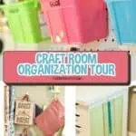 Colorful craft storage bins and organization tools for a craft room.