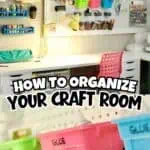 Organized craft room with pegboard, storage bins, and craft supplies.