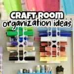 Colorful storage bins and craft supplies organized on a wall for craft room organization.