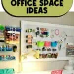 Organized craft room with pegboard, storage bins, and crafting supplies for efficient workspace.
