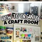 Organized craft room with shelves, storage, and supplies for creative projects.