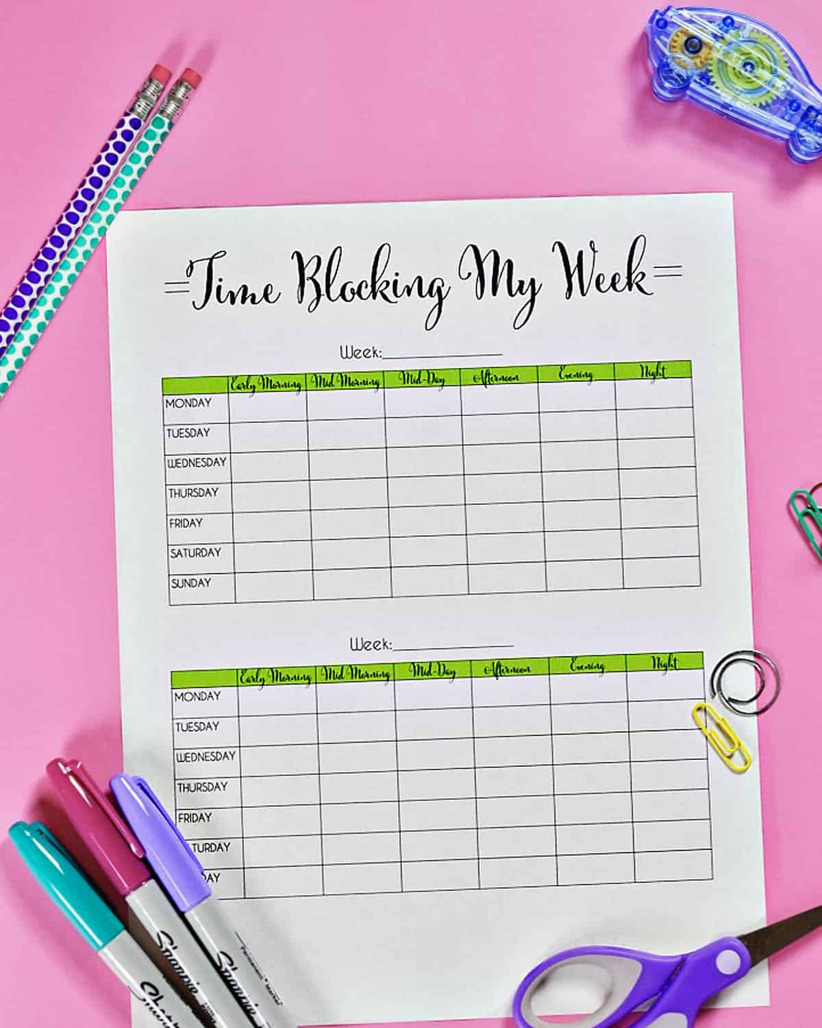 time blocking my week printable with 2 weeks on a page.