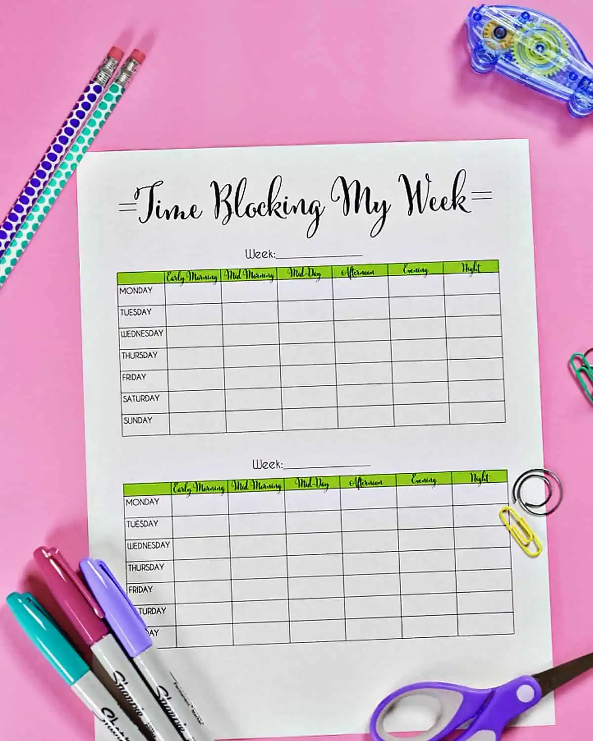 time blocking my week printable with 2 weeks on a page.