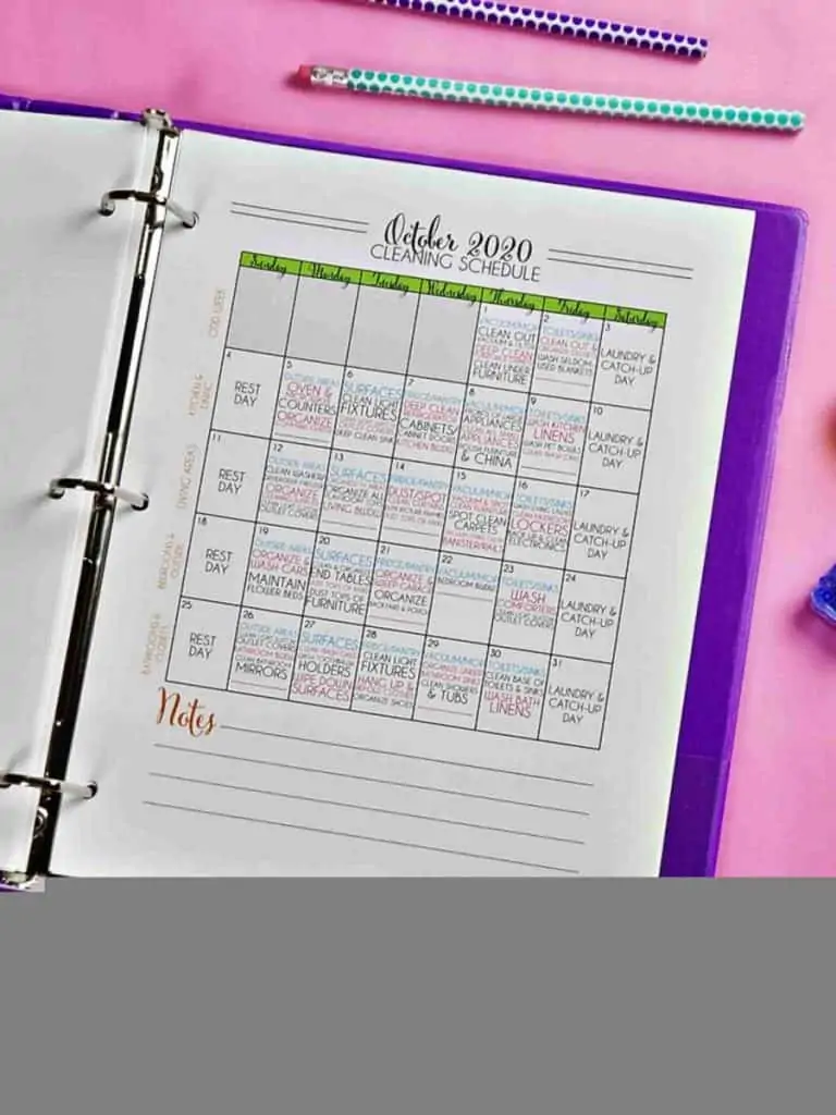 October 2020 cleaning schedule in a notebook