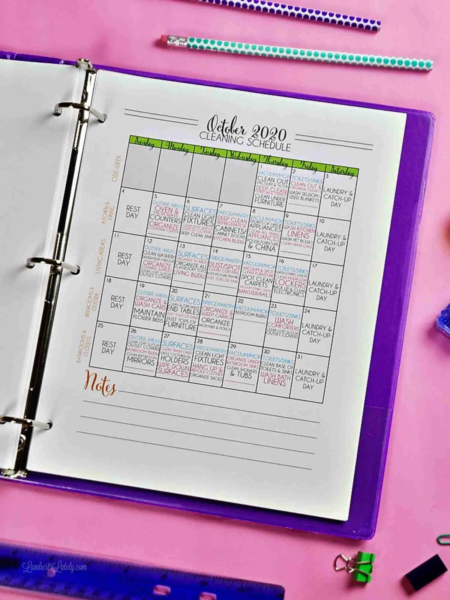 October 2020 cleaning schedule in a notebook