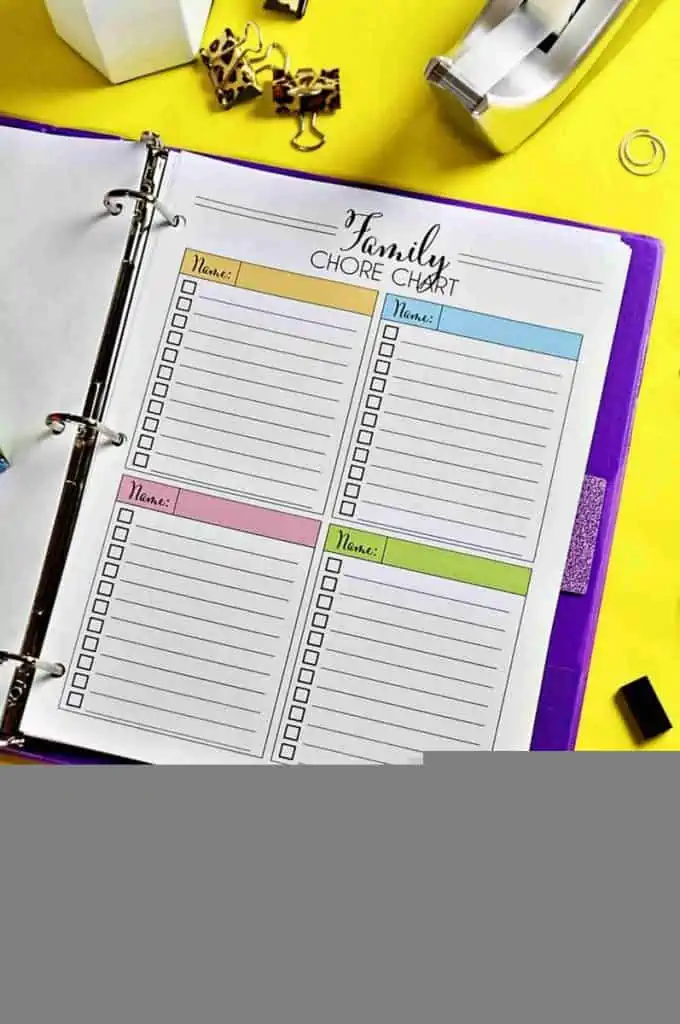 family chore chart printable in a notebook