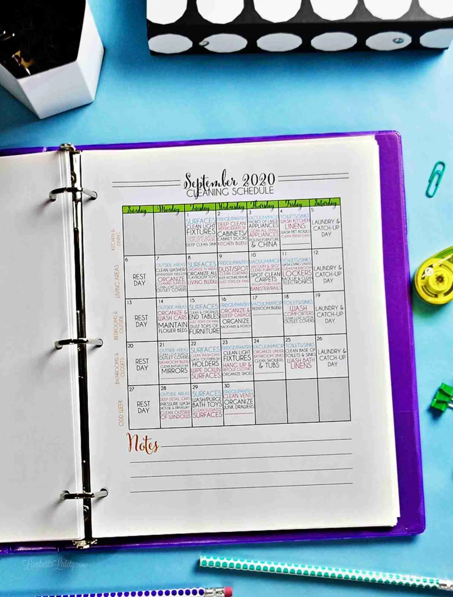September 2020 cleaning schedule in a notebook
