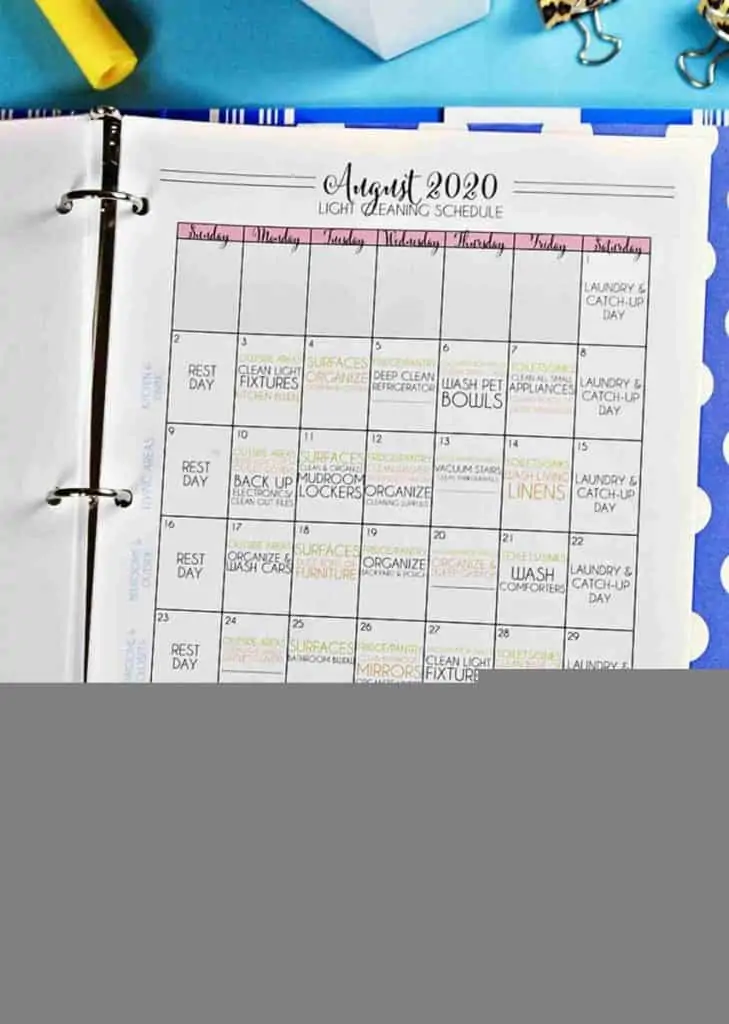 august 2020 cleaning calendar in a notebook