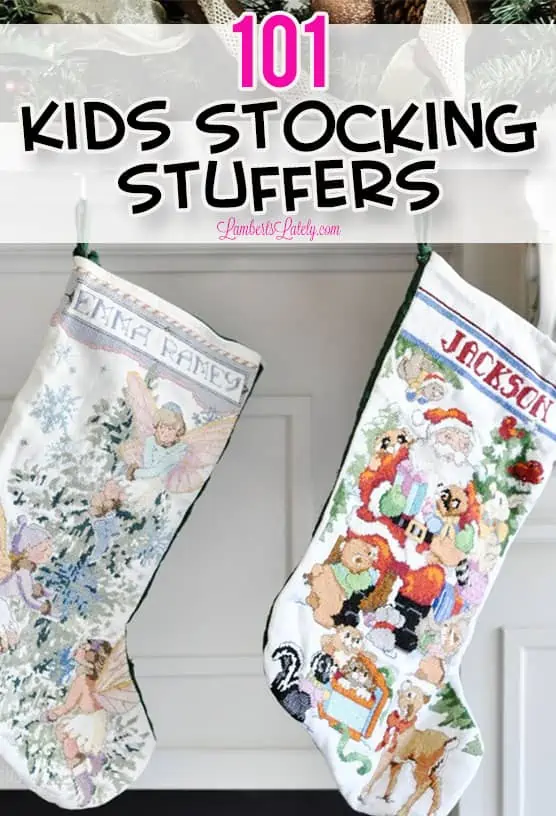 kids stocking stuffers - two stockings hanging from a mantle