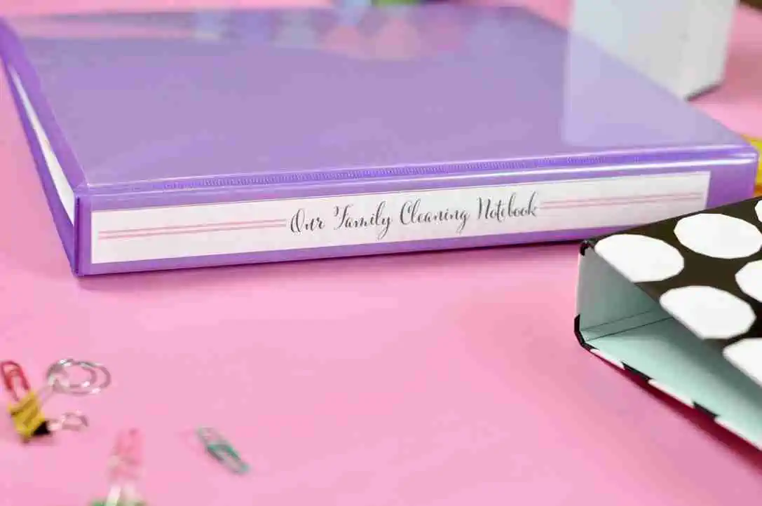 Side view of cleaning notebook with spine label