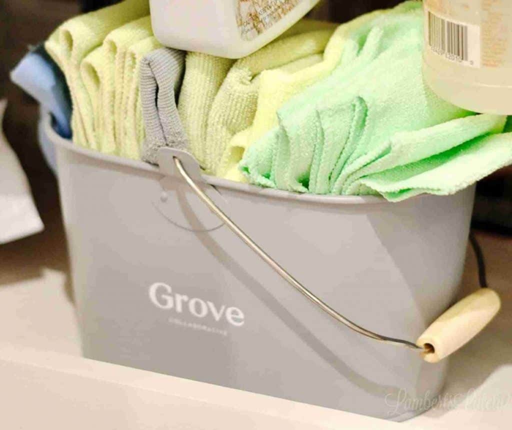 grove caddy filled with microfiber cleaning towels.