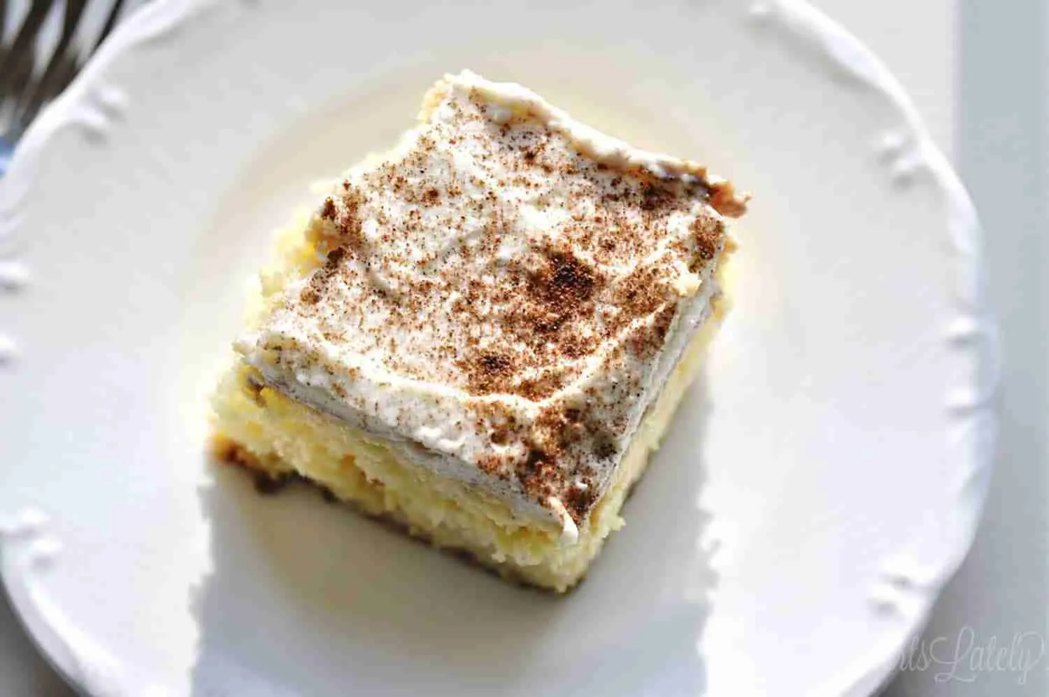 top view of slice of tres leches cake on a plate