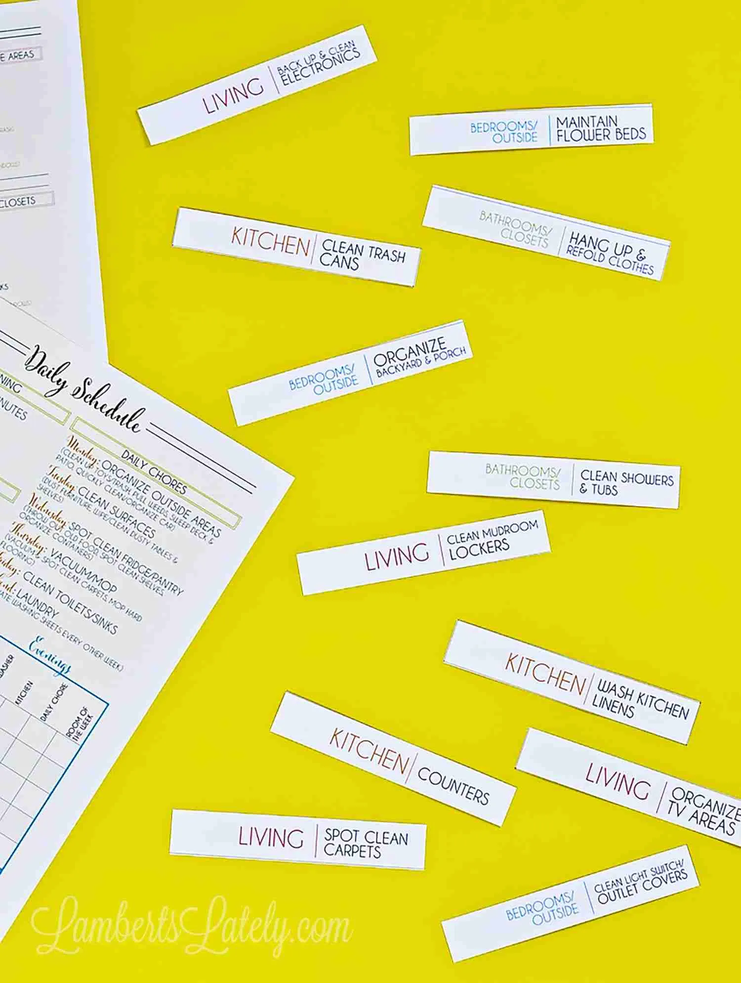 printable chore cards laying on yellow background