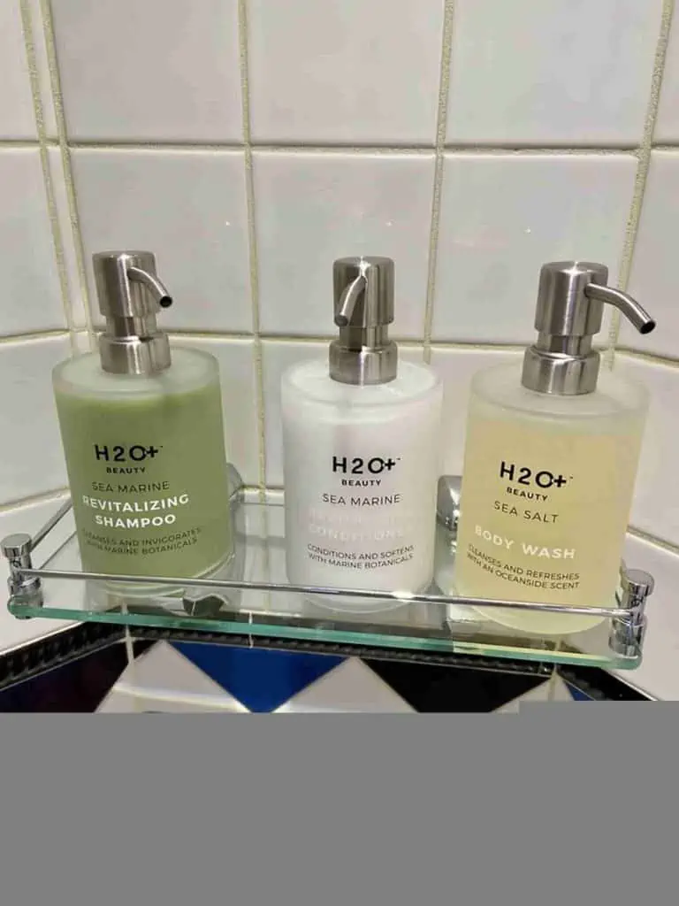 h20 shower gel and shampoo in disney cruise bathroom.