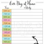 Printable daily schedule for home with colorful time slots and activities.