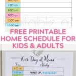 Printable home schedule with times and activities for kids and adults.