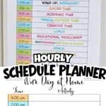 Printable daily schedule planner for home with colorful activity blocks and hourly timeline.