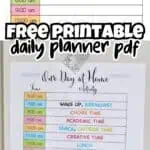Printable daily schedule planner with colorful activity labels for home organization.