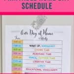 Printable home day schedule for kids with activities and times.