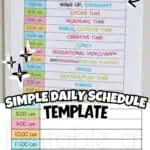Printable daily schedule template for home with colorful time slots and activities.