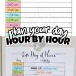 Printable visual schedule for home with hourly activities and colorful labels.